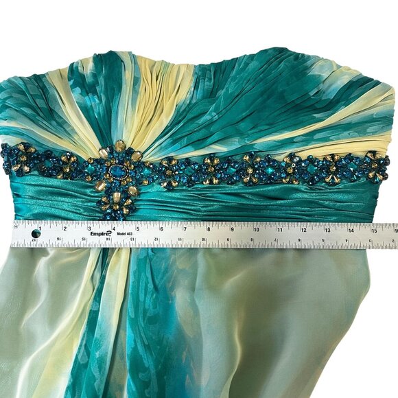 Y2K Bicici Strapless Teal & Cream Ombre Beaded Evening Gown Floor-Length XL - Picture 13 of 14